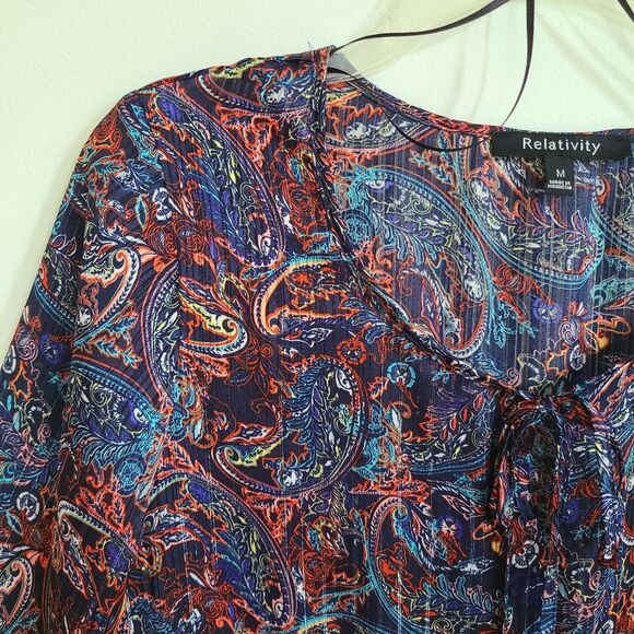 Relativity Black Paisley Gathered Blouse Multi Color 3/4 Bell Sleeve Sz Medium - Picture 3 of 16